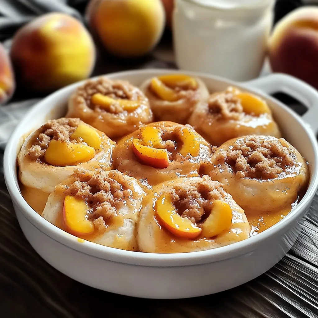 A white bowl filled with peaches and a white sauce.
