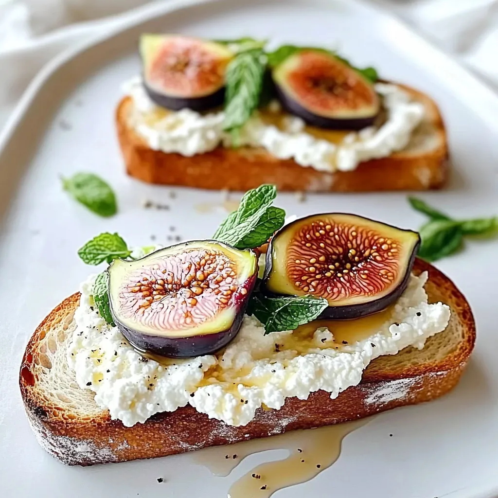Two slices of bread with figs and mint on top.