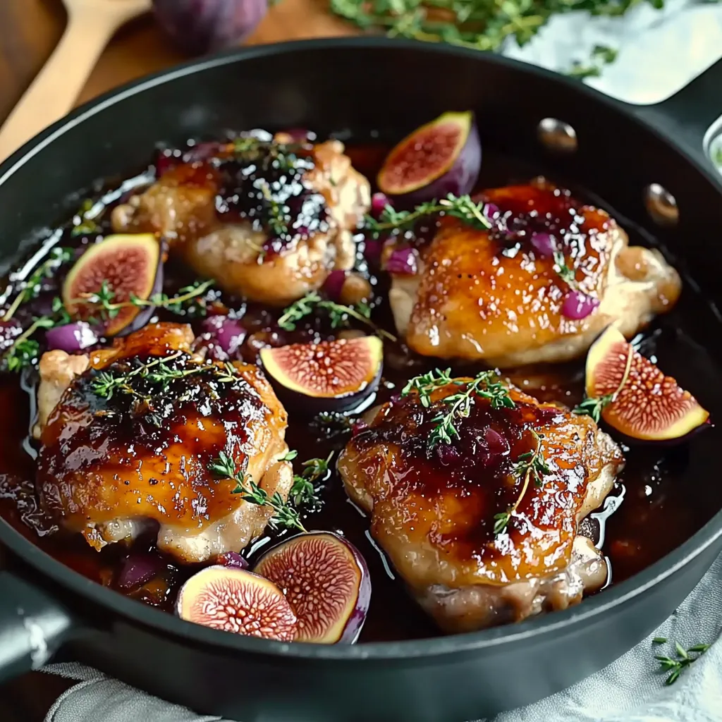 A pan of chicken with figs and herbs.