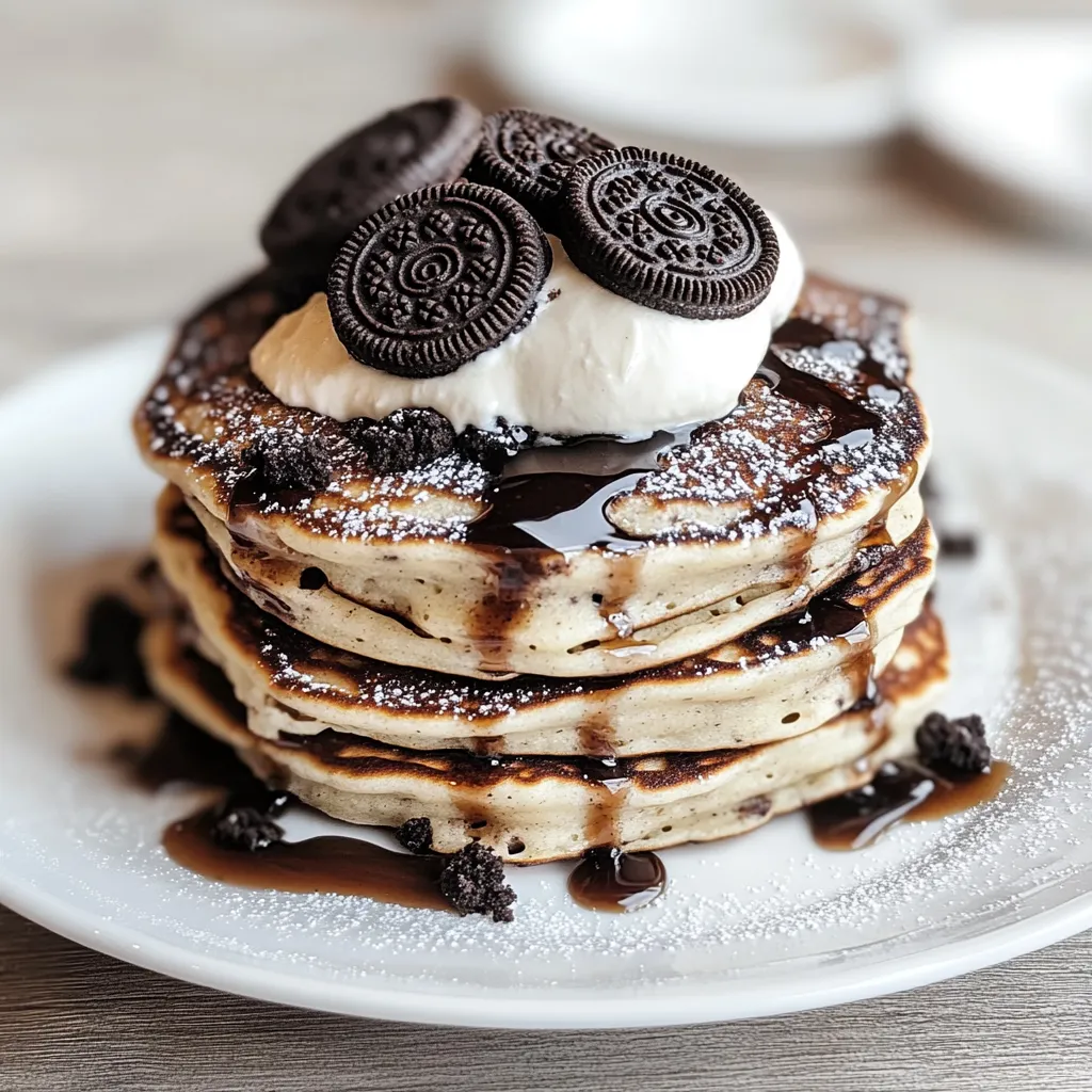 A stack of pancakes with chocolate syrup and Oreo cookies on top.