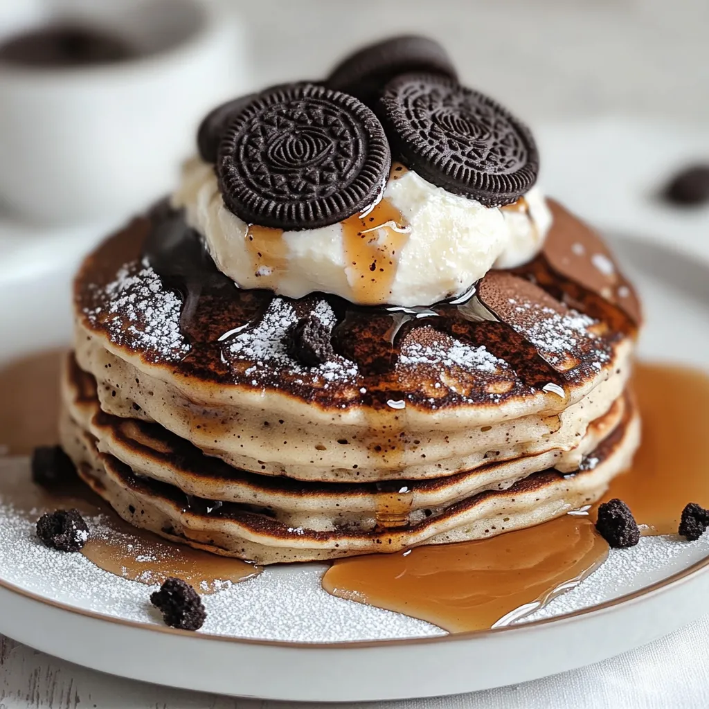 A stack of pancakes with chocolate chips and a drizzle of syrup.