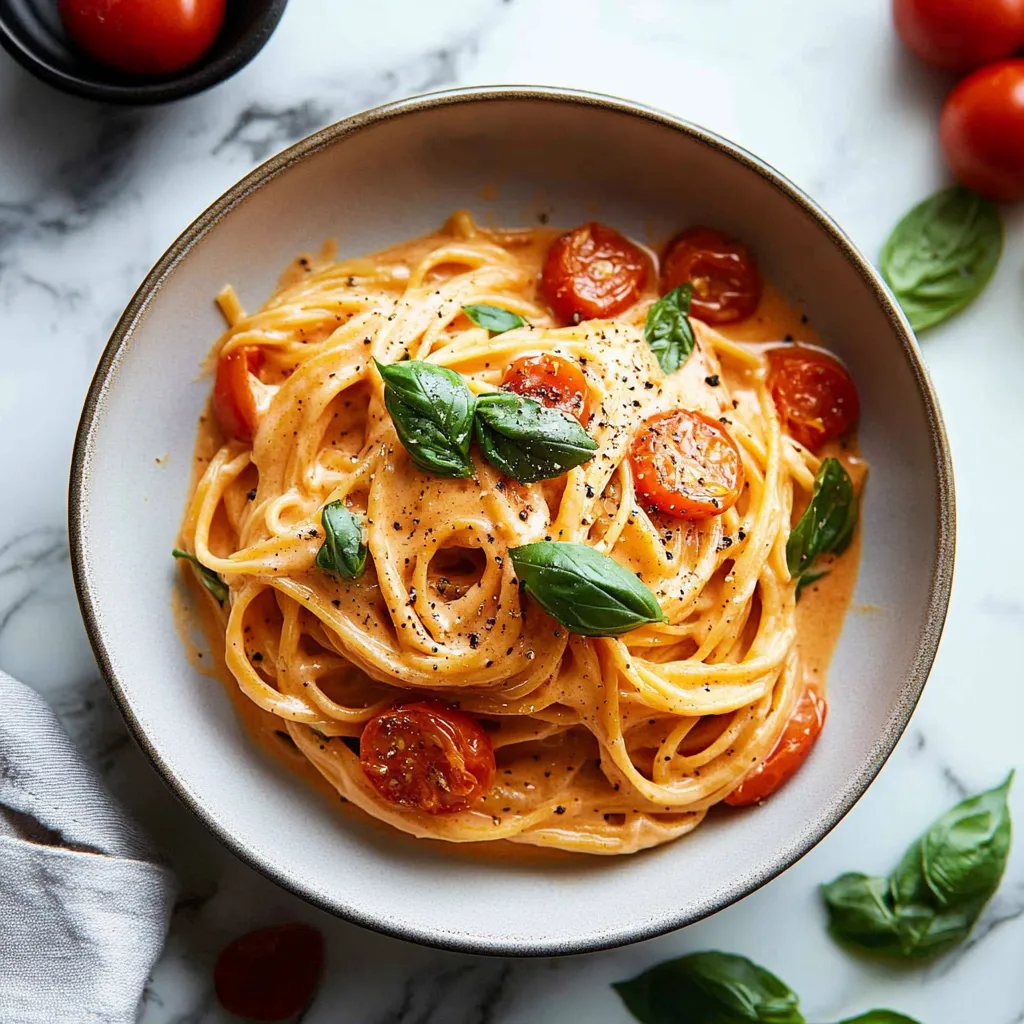 A bowl of pasta with tomatoes and basil.