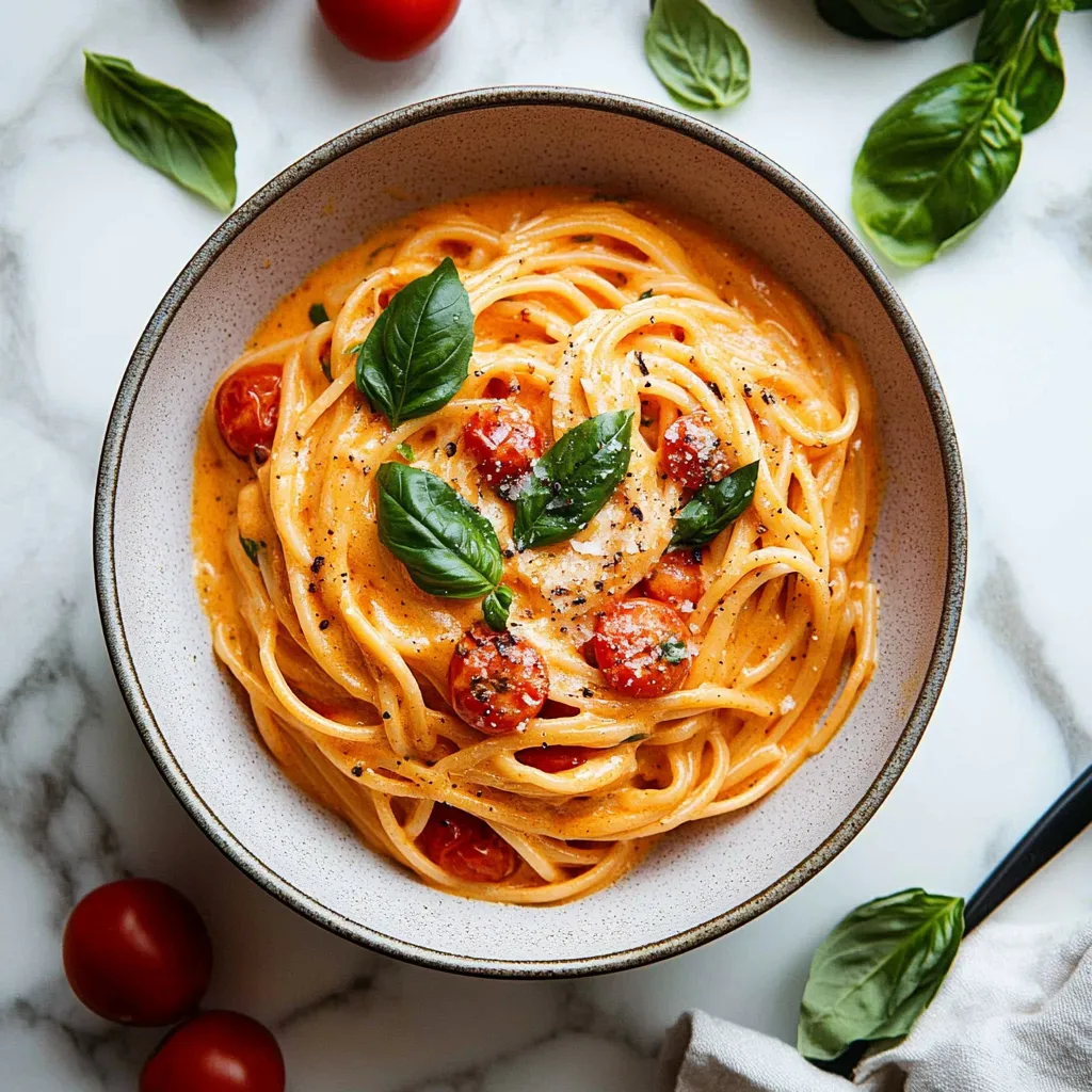 A bowl of spaghetti with tomatoes and basil.