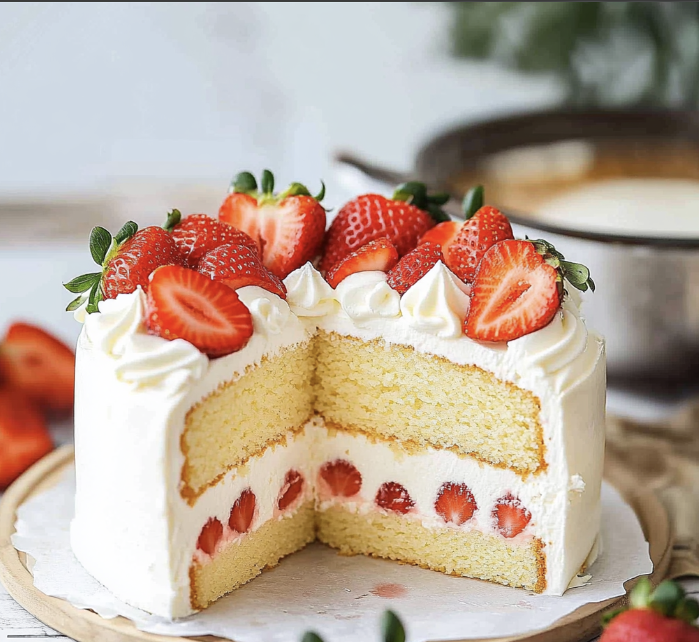 A slice of cake with strawberries on top.