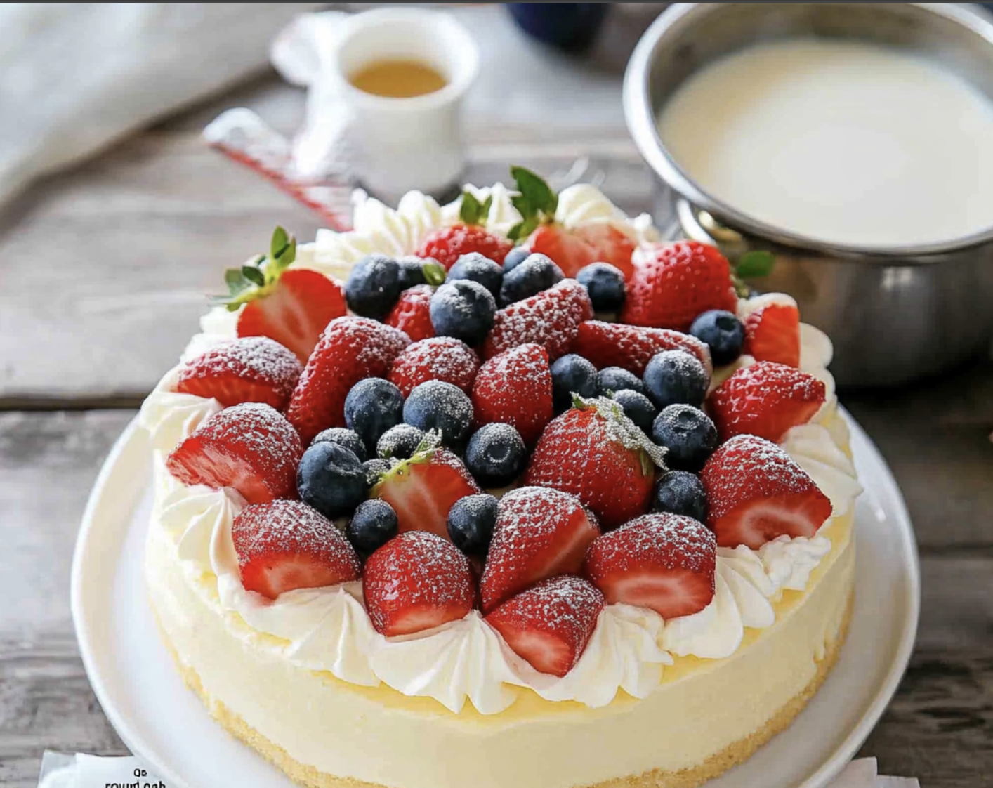 A cake with strawberries and blueberries on top.