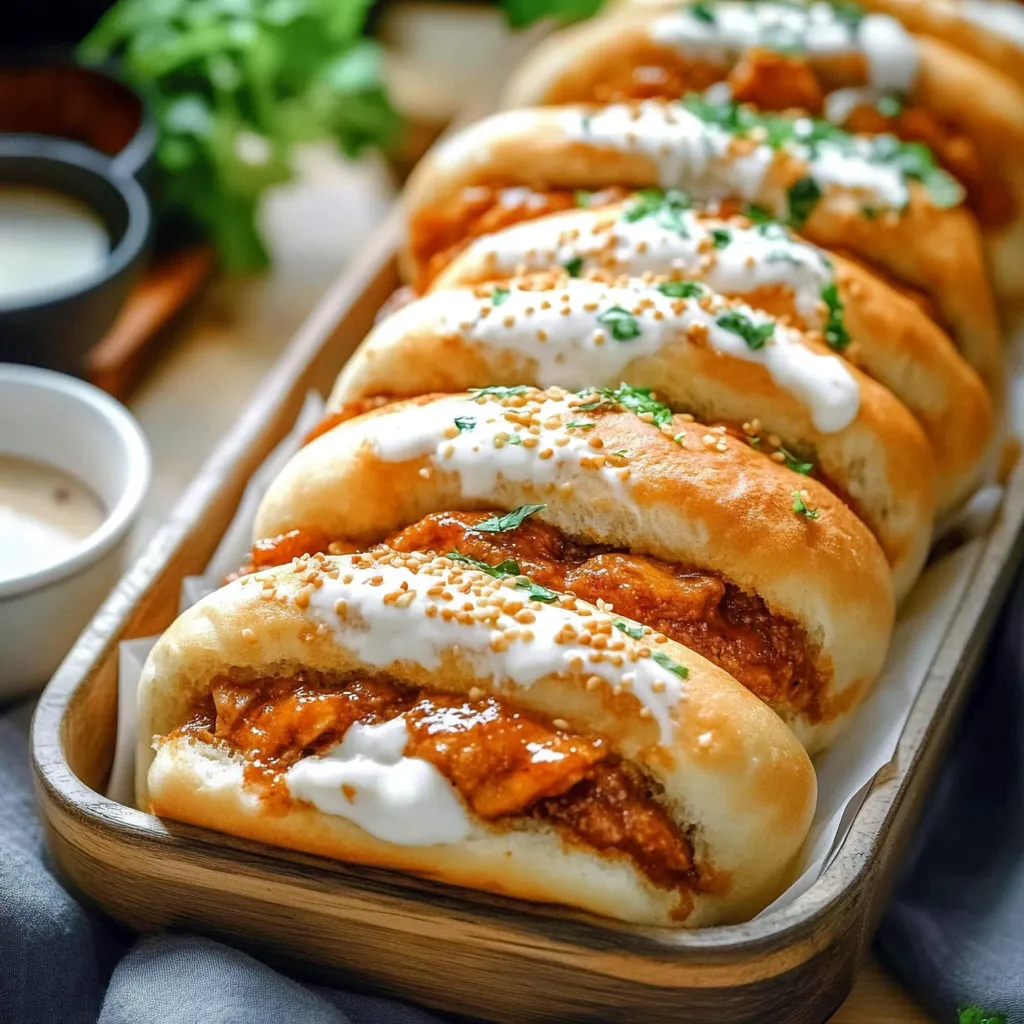 A tray of sandwiches with white sauce.