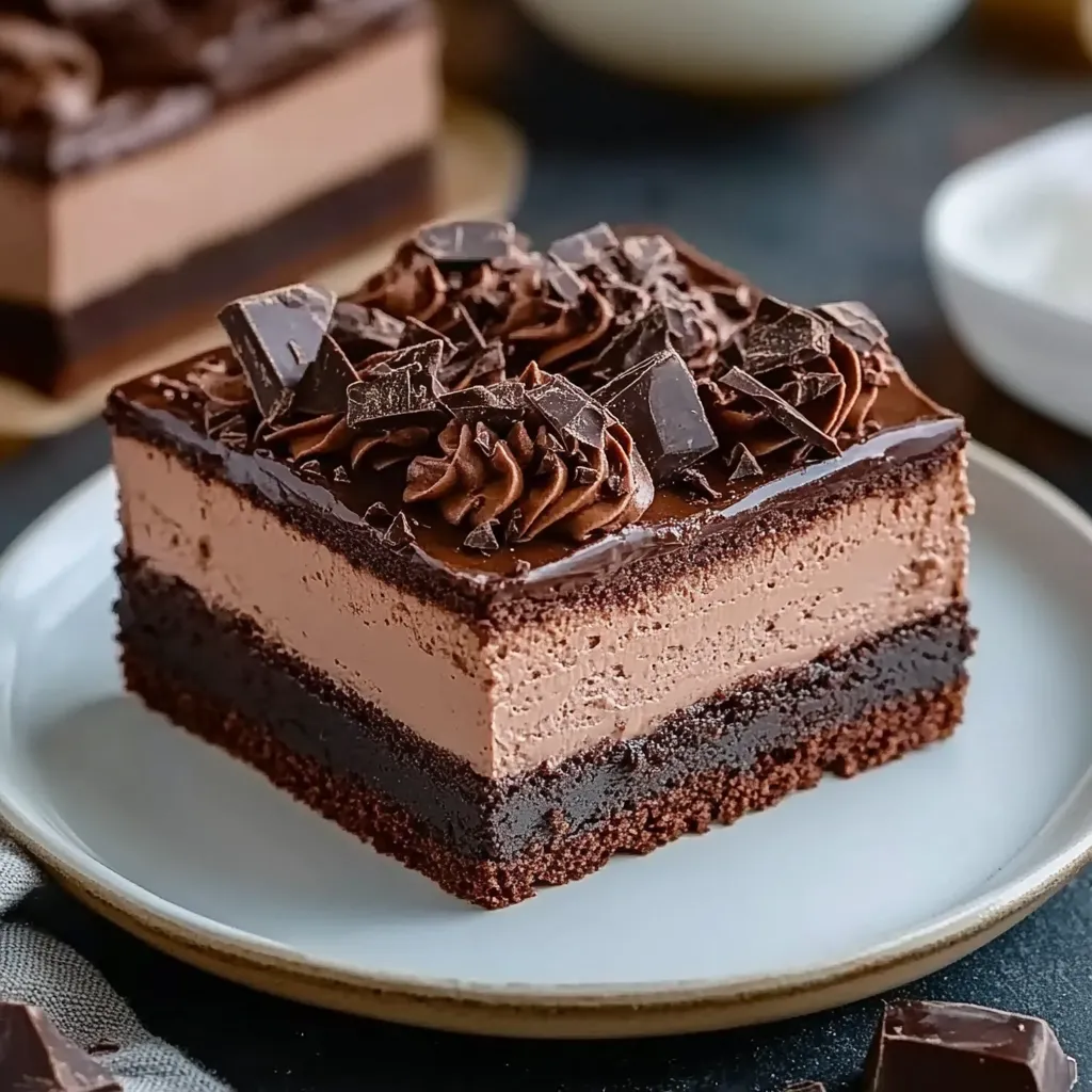 A slice of chocolate cake with chocolate chips.
