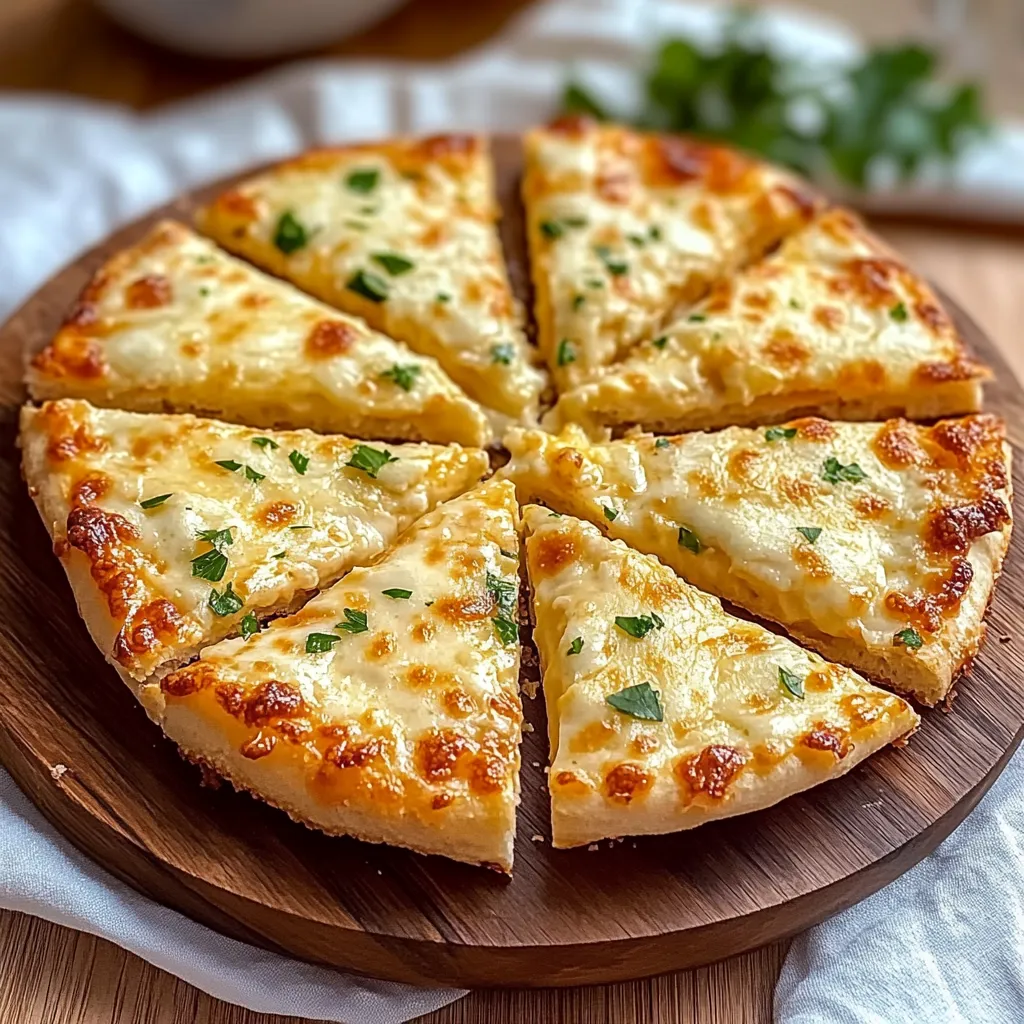 A pizza with cheese and herbs on a wooden board.
