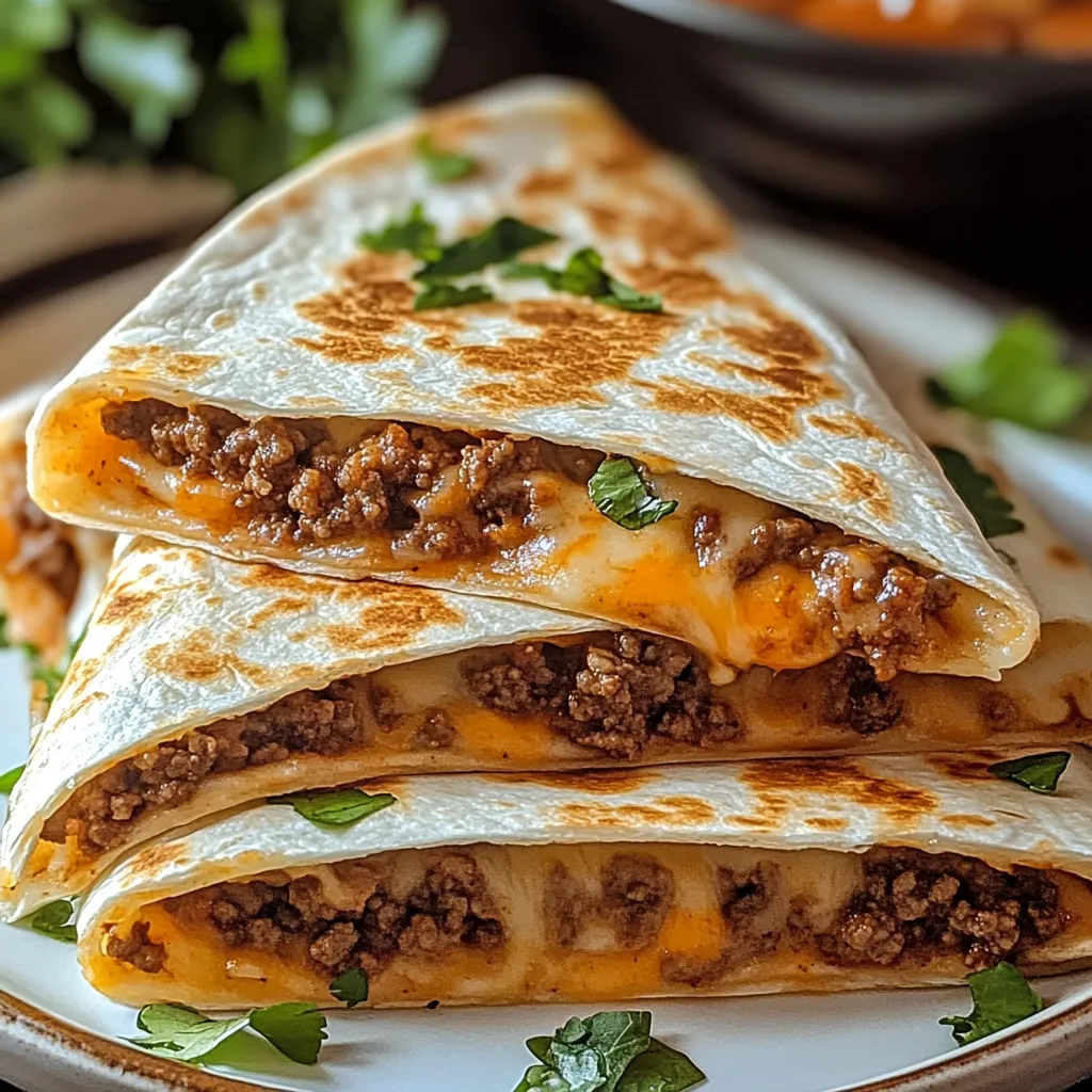 A stack of three tacos with cheese and meat.