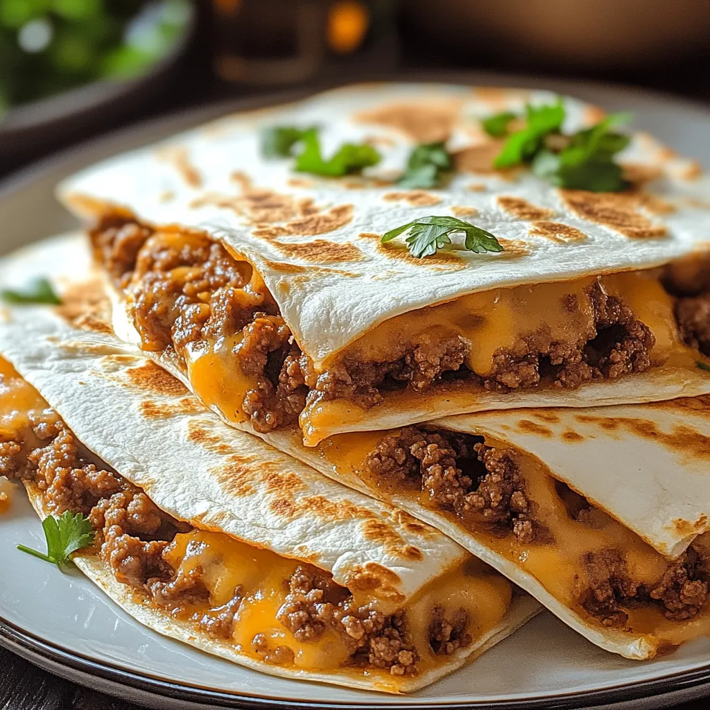A stack of tacos with cheese and meat.