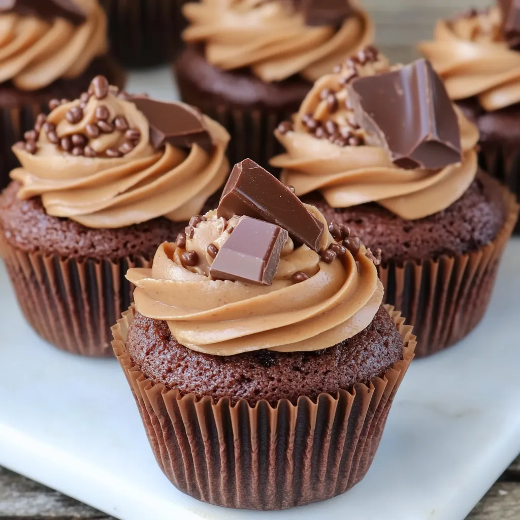 A chocolate cupcake with chocolate chips on top.