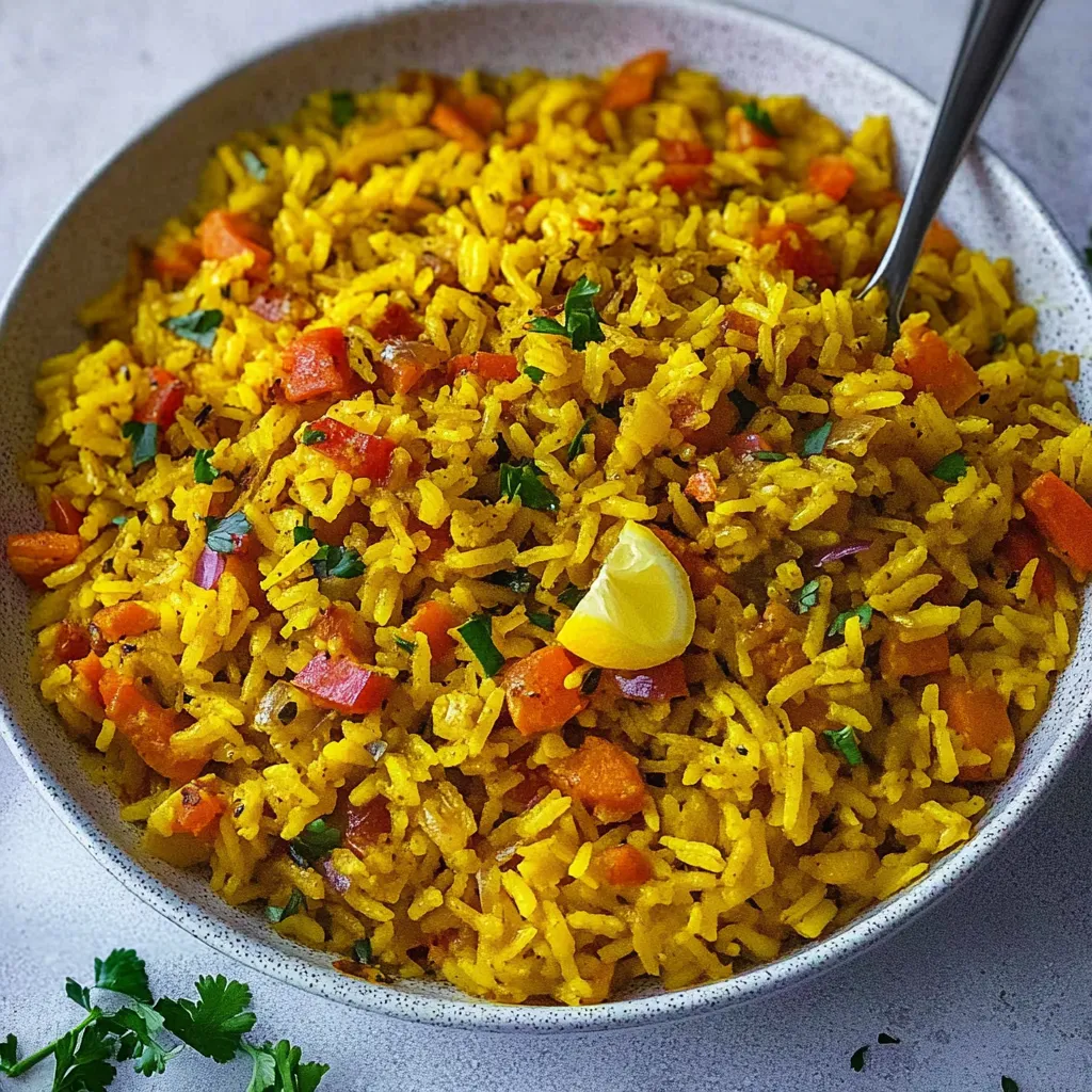A bowl of rice with vegetables and a lemon wedge.