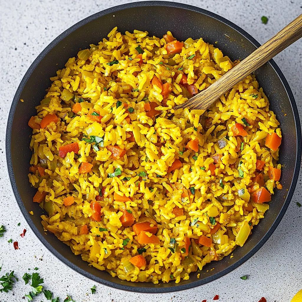 A bowl of rice with carrots and onions.
