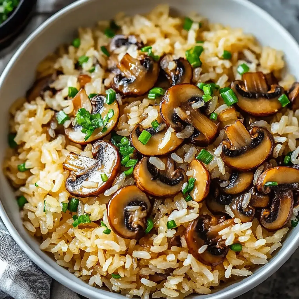 A bowl of rice with mushrooms and green onions.
