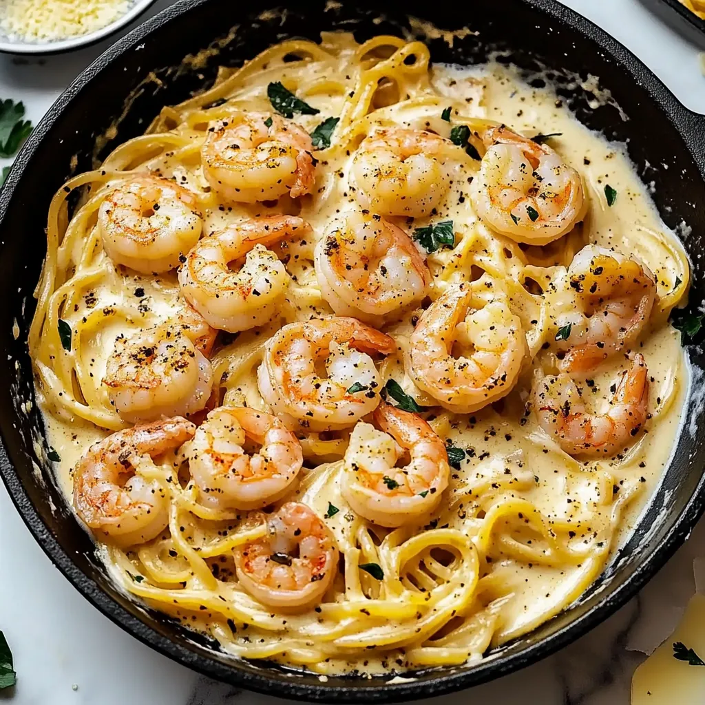 A bowl of shrimp and pasta.