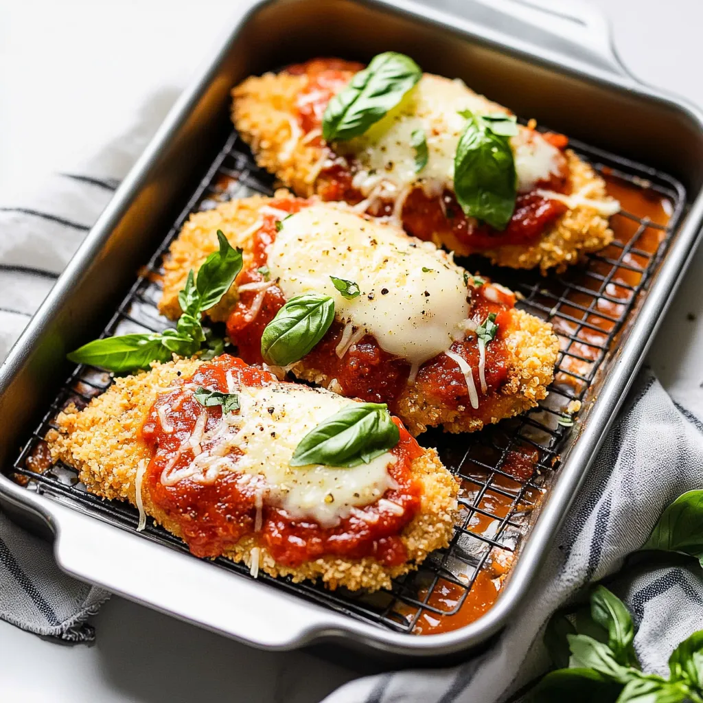 A pan of chicken with cheese and basil.