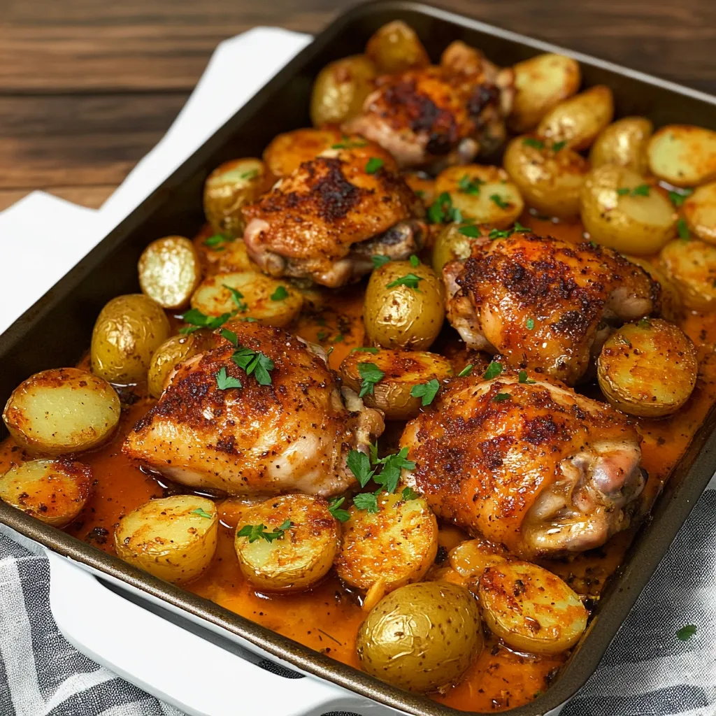 A pan of chicken and potatoes.