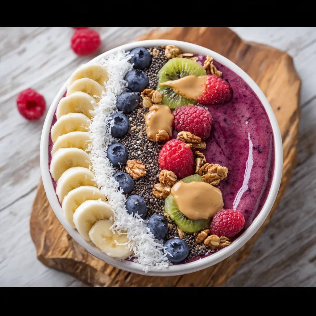 A bowl of fruit with bananas, blueberries, raspberries, and kiwi.