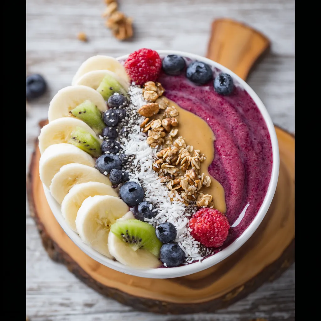 A bowl of fruit with bananas, blueberries, raspberries, and kiwi.