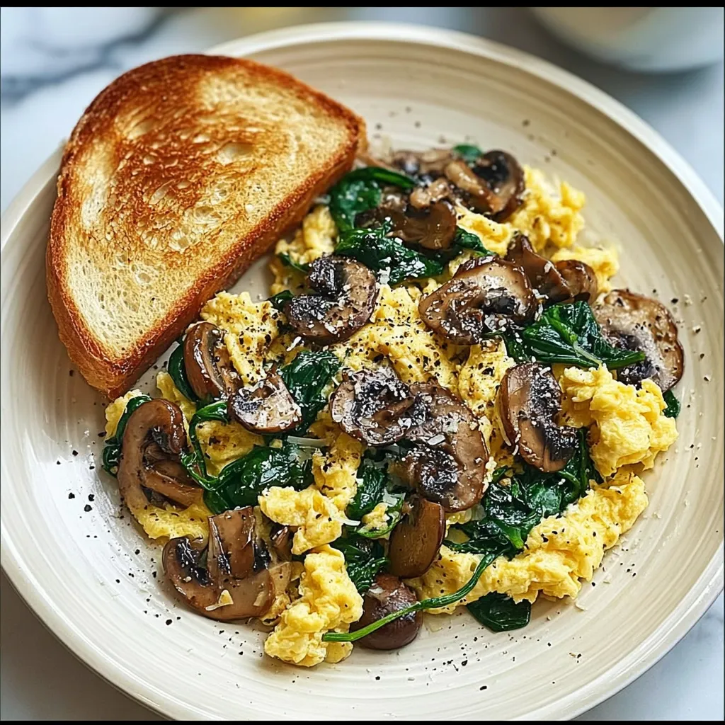 A plate of food with mushrooms and spinach.