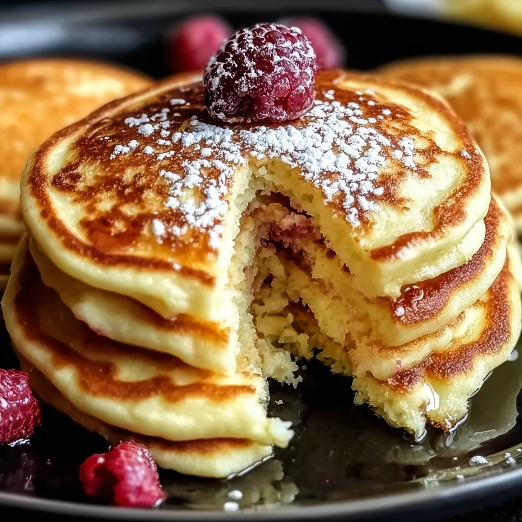A stack of pancakes with a raspberry on top.