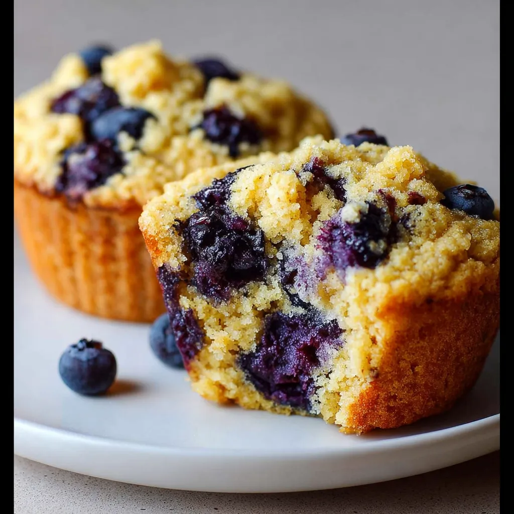 A muffin with blueberries on a plate.