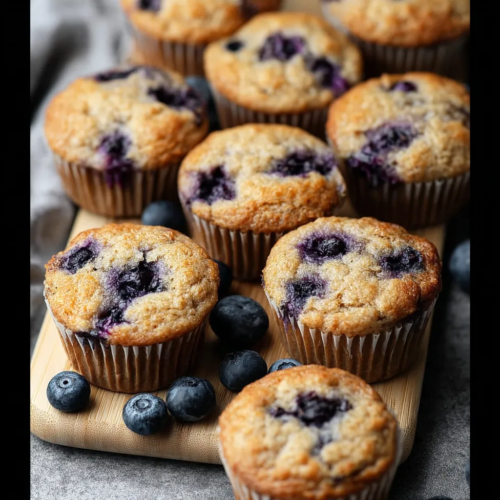 A wooden tray with muffins and blueberries.