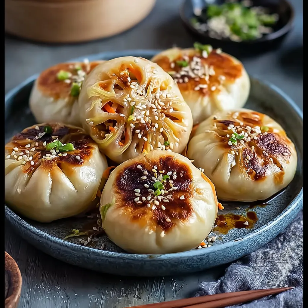 A plate of dumplings with sesame seeds on top.