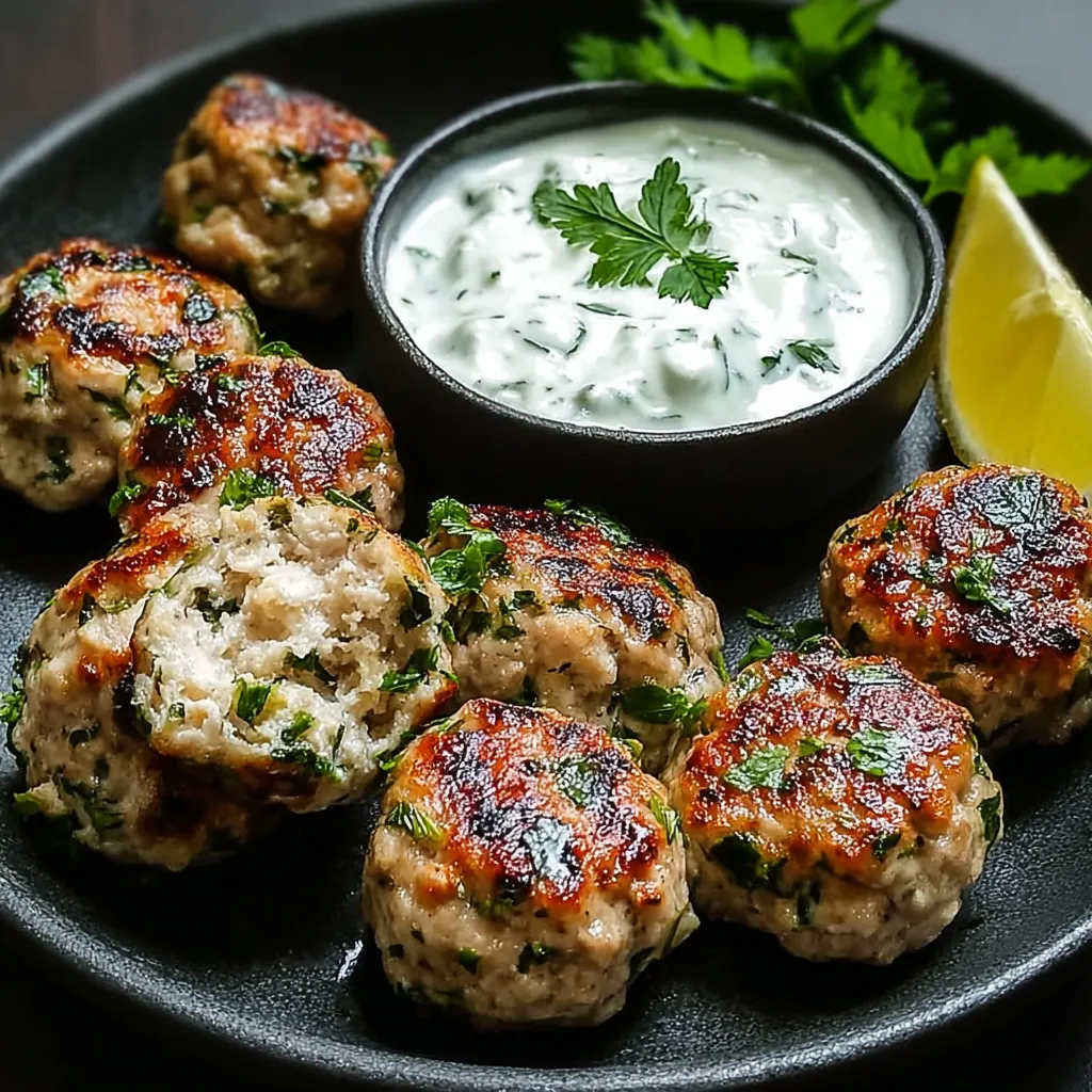 A plate of meatballs with a bowl of sauce.