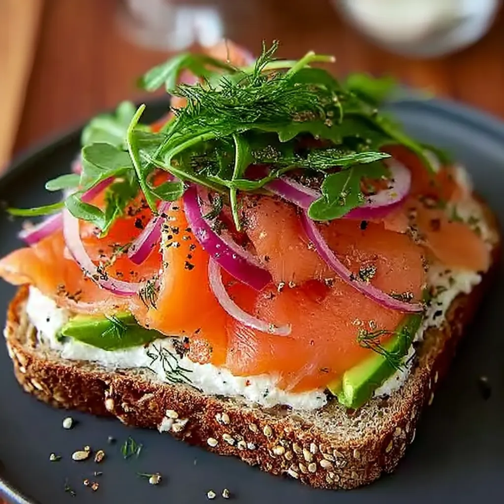 A sandwich with salmon and avocado on a toasted bun.