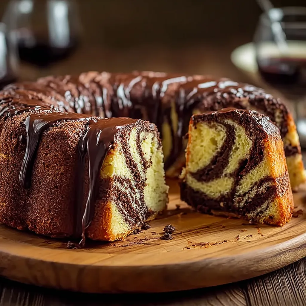 A cake with chocolate frosting and swirls on top.