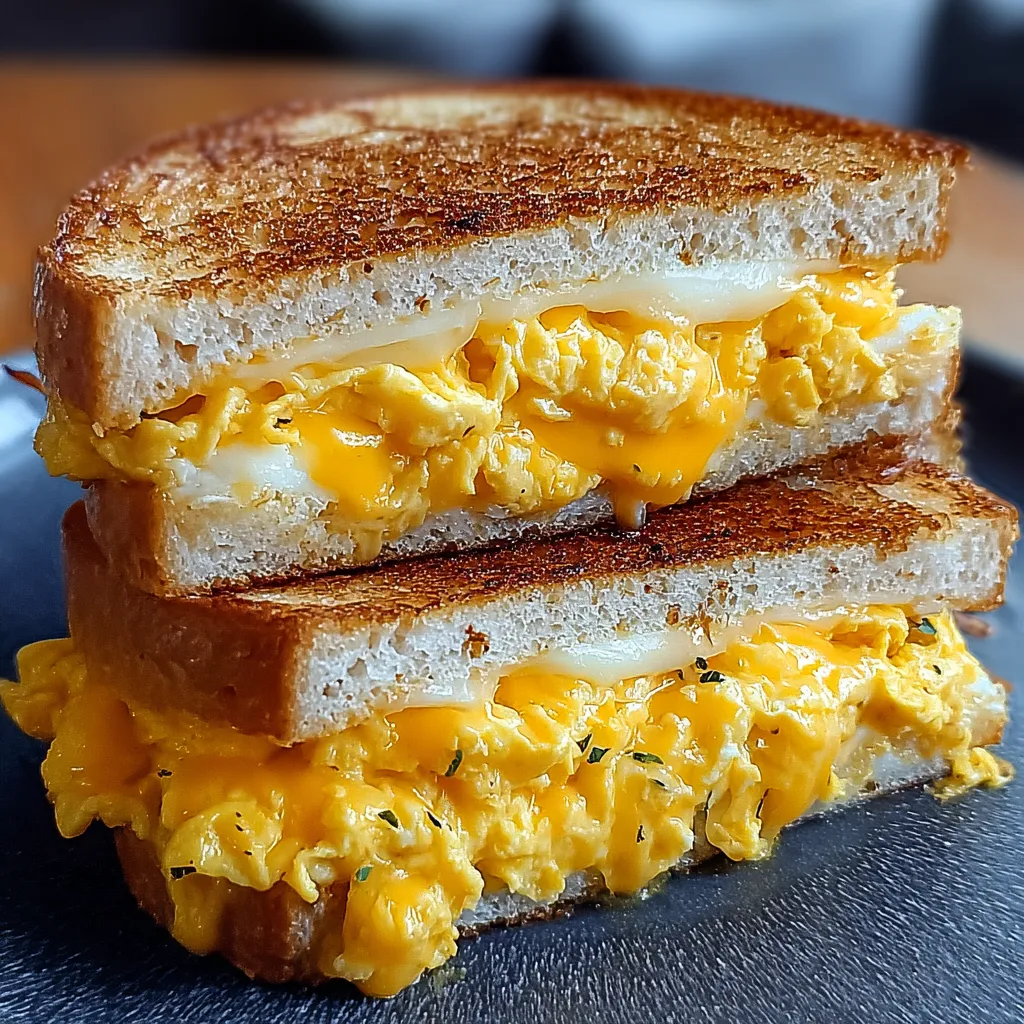 Two pieces of toasted bread with egg and cheese.