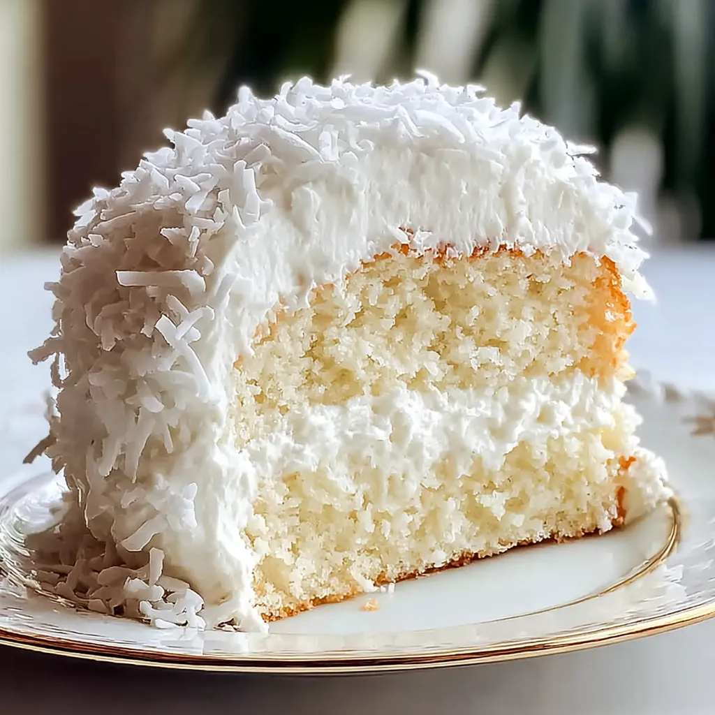 A slice of coconut cake on a plate.
