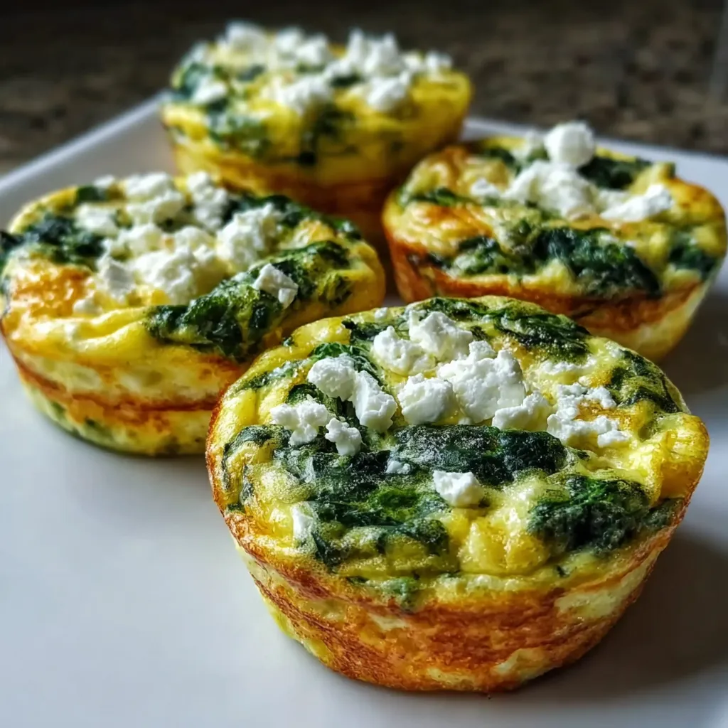 Three muffins with spinach and feta cheese.