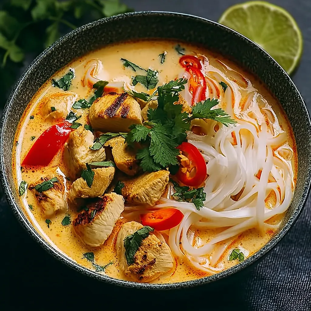 A bowl of soup with chicken, tomatoes, and lime.