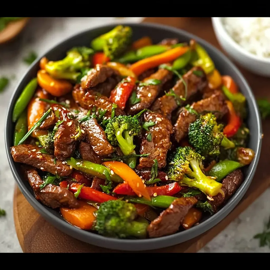 A bowl of beef and broccoli.