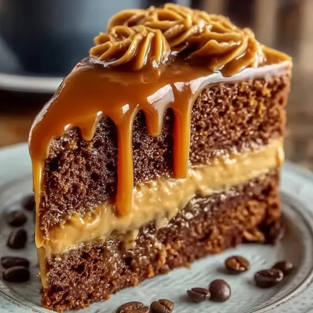 A slice of chocolate cake with caramel drizzle.