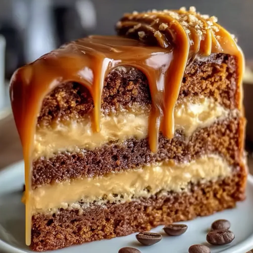 A slice of chocolate cake with caramel drizzle.