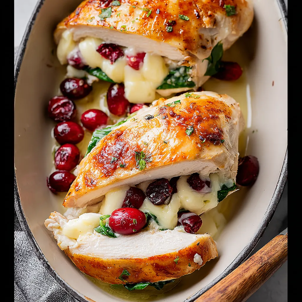 A plate of chicken with cranberries and cheese.