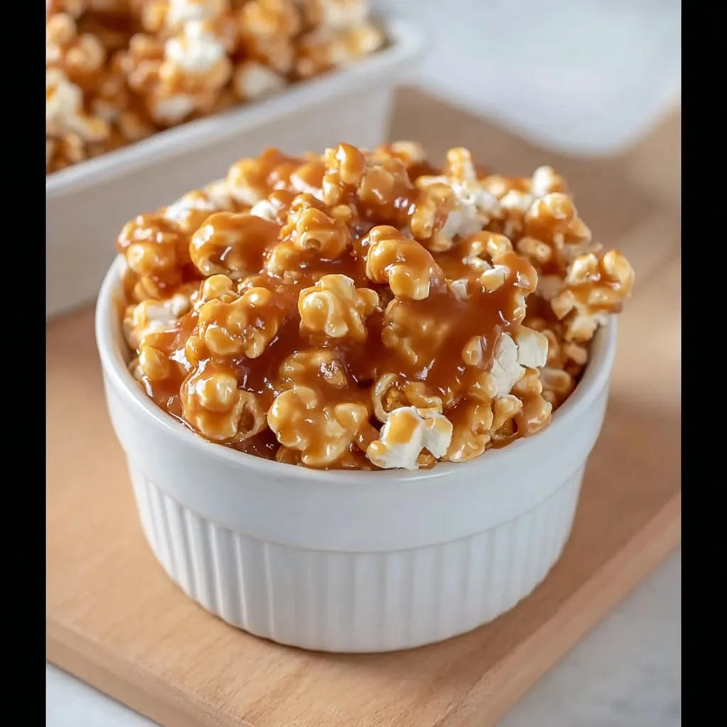 A white bowl of popcorn with caramel sauce.