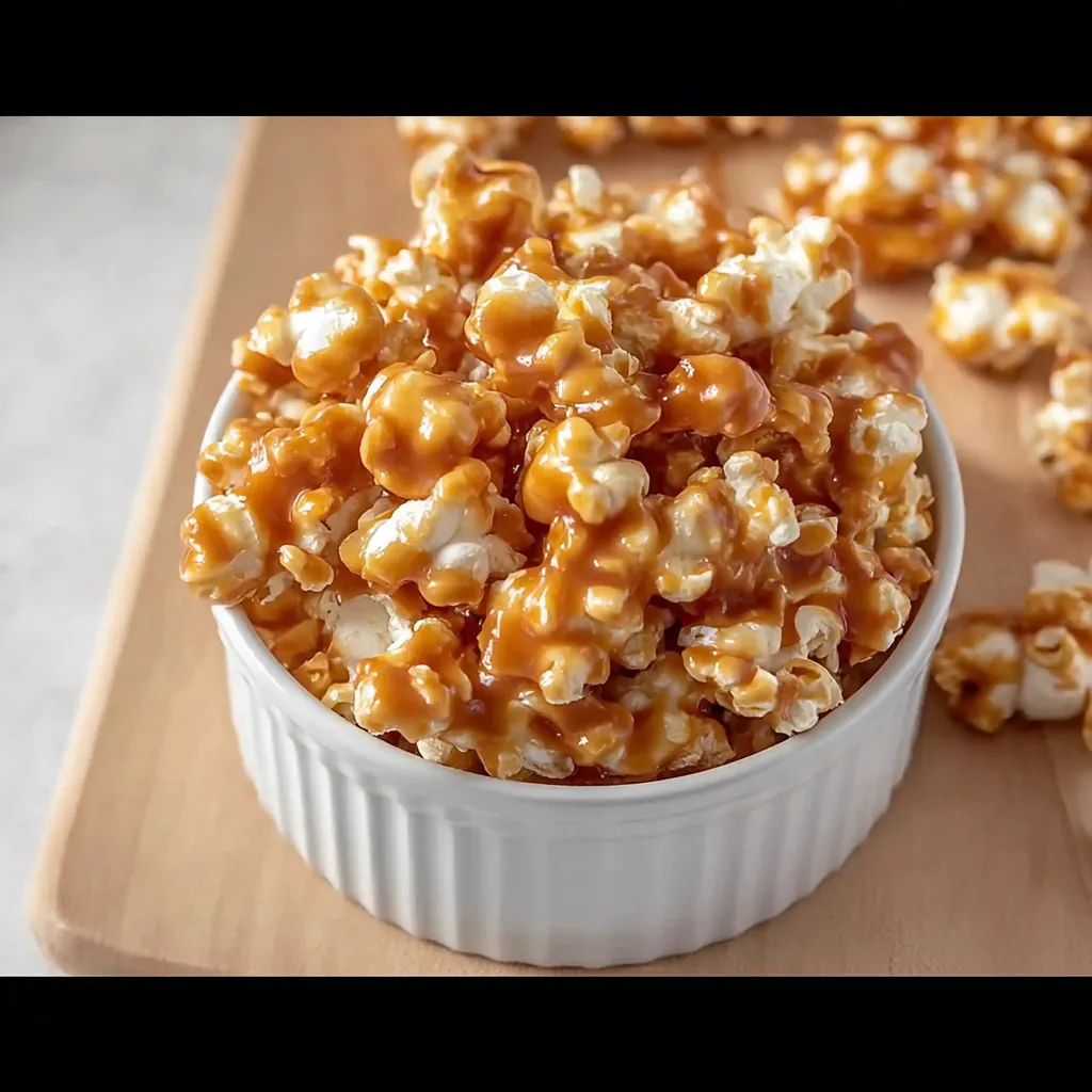A bowl of popcorn with caramel sauce.