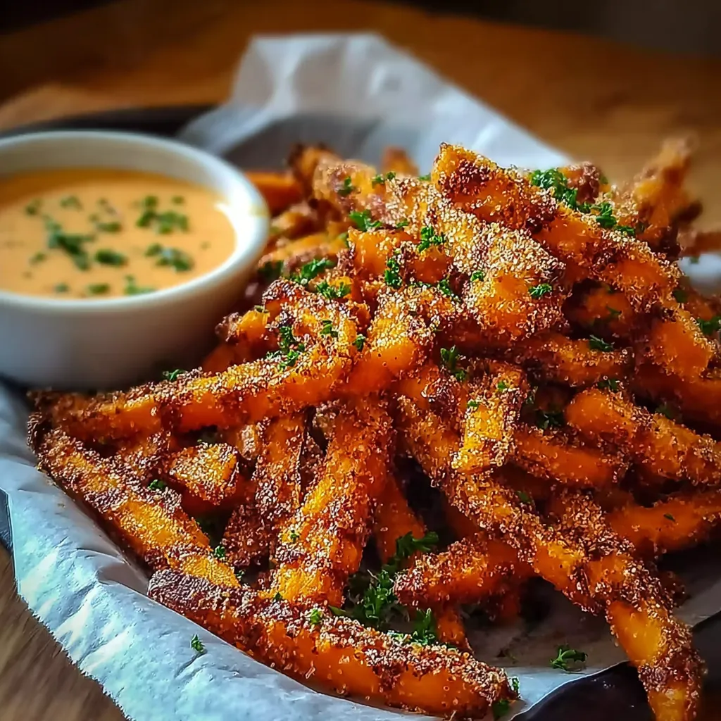 A bowl of fries with a dipping sauce.