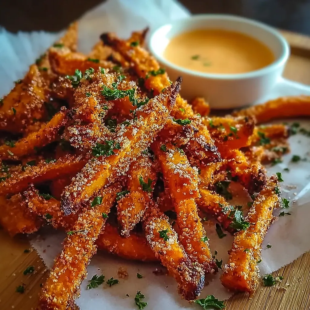 A plate of fries with a dipping sauce.