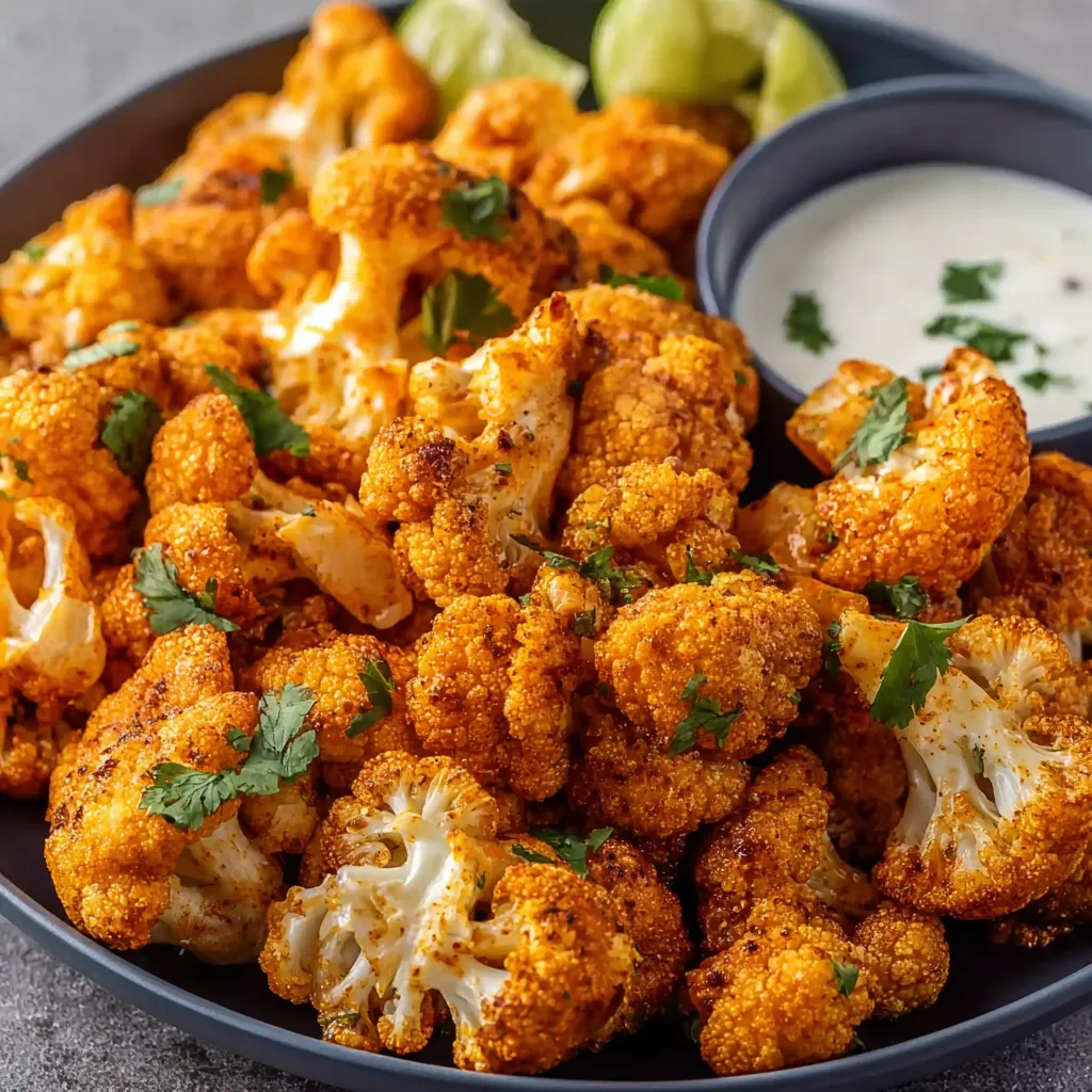 A bowl of cauliflower with a side of ranch dressing.