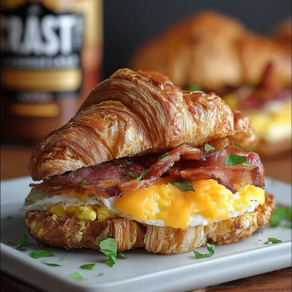 A croissant sandwich with bacon and egg.