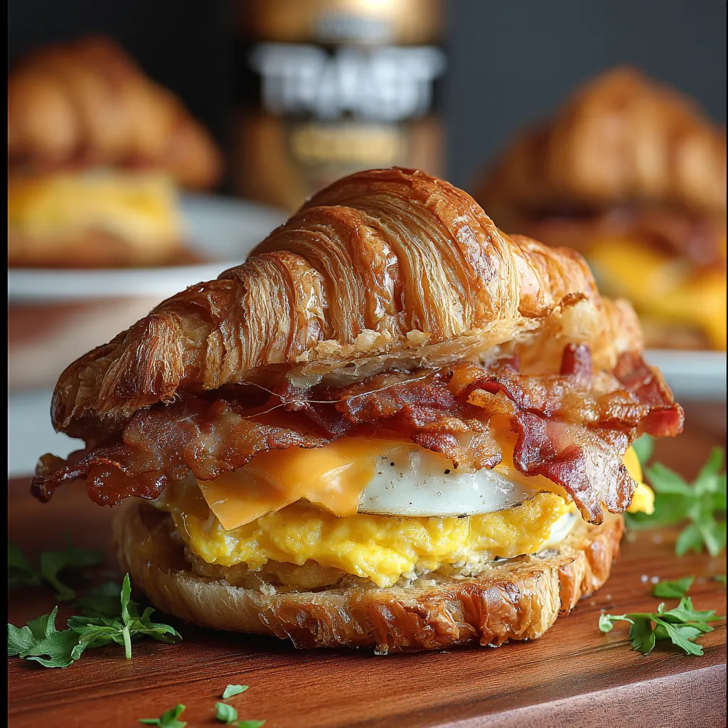 A breakfast sandwich with bacon and egg.