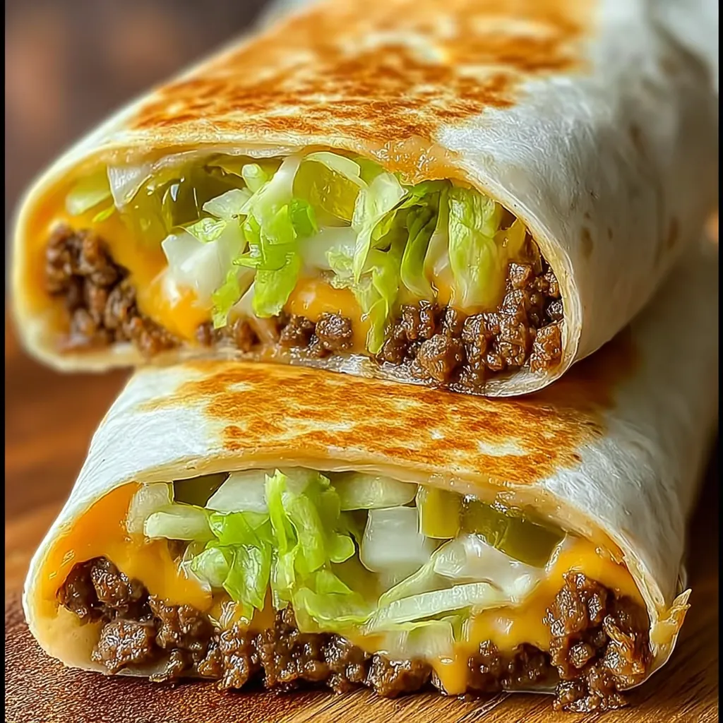 Two burritos with lettuce and cheese.