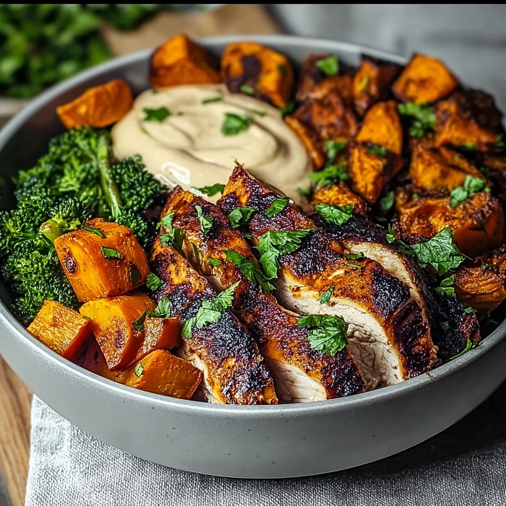 A bowl of food with chicken, broccoli, and carrots.