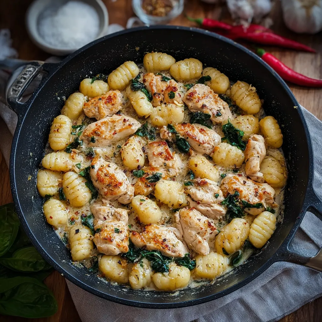 A pan of food with chicken, pasta and spinach.