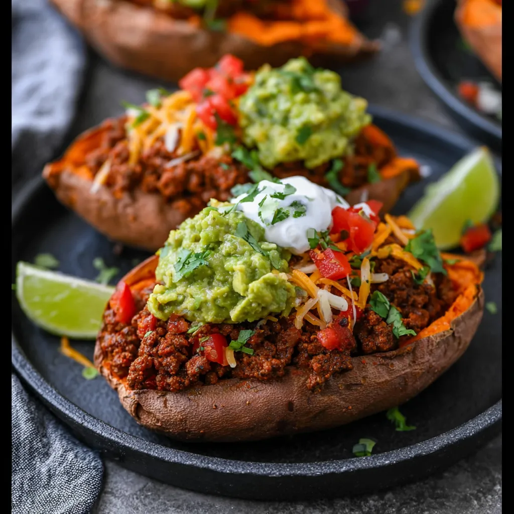 A plate of food with a potato and a lime wedge.